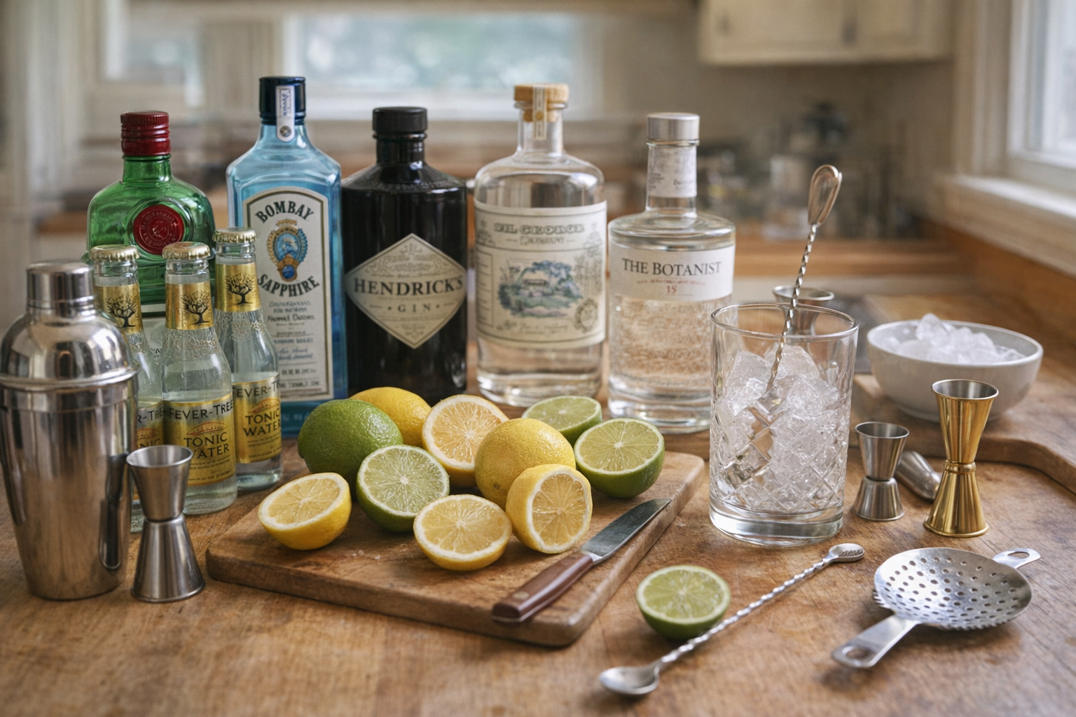 A well-lit home bar setup with various gin bottles, mixers, citrus fruits, and bar tools, creating an inviting and professional atmosphere